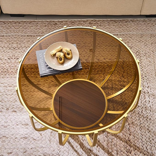 Saint Mossi 30" Glass Round Coffee Table for Living Room, Mid Century Modern 2-Tier Gold Drum Center Table, Brown Glass Top, Walnut Shelf with Gold Finish Legs & Frame, W30xH16.5