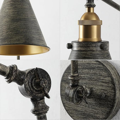 JONATHAN Y 7" Rustic Dark Gray/Brass Gold Classic Industrial Metal Adjustable Arm LED Wall Sconce for Bedside Reading, Farmhouse Swing Arm Wall Lamp with Metal Shade, Hardwired (JYL7462D)