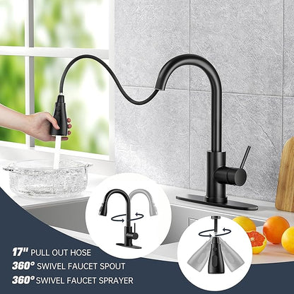 Kitchen Faucet with Pull-Down Spray Single Handle high arc Commercial Stainless Steel Matte Black Kitchen Sink Faucet with Deck Suitable for bar Laundry RV Farmhouse (Matte Black)