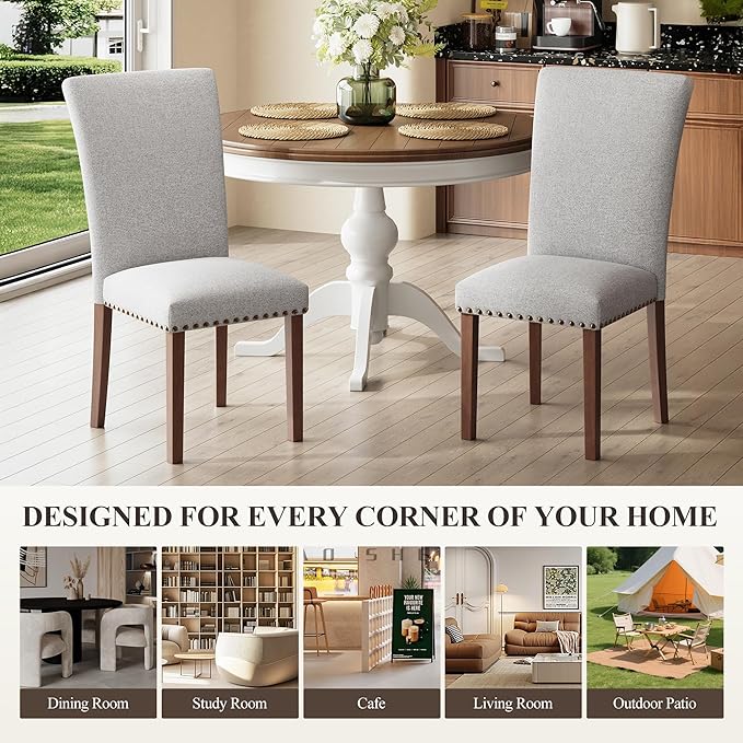 COLAMY Upholstered Parsons Dining Chairs Set of 4, Fabric Dining Room Kitchen Side Chair with Nailhead Trim and Wood Legs - Light Grey