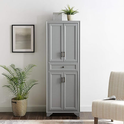 Crosley Furniture Tara Pantry Storage Cabinet with Shelves, Kitchen, Dining, or Laundry Room, Distressed Gray