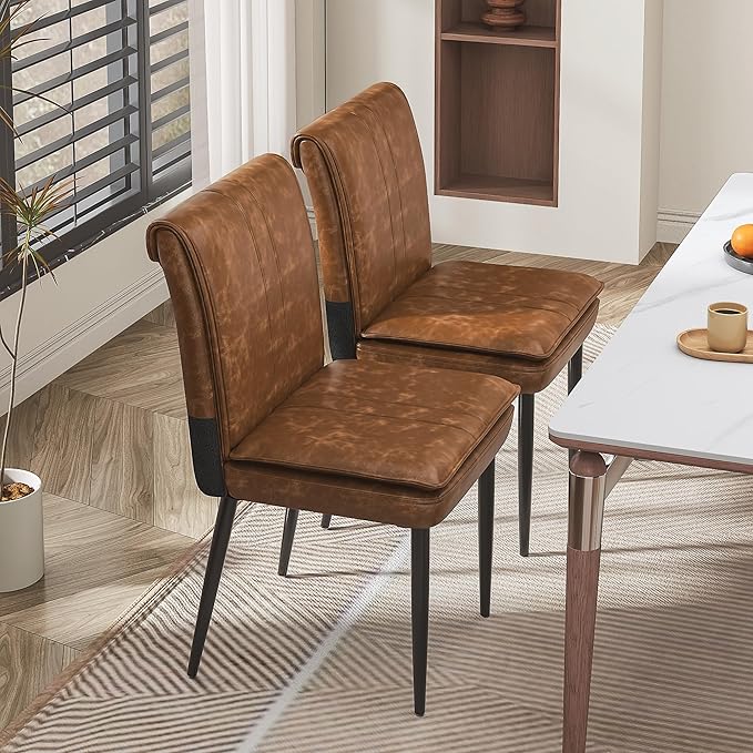 VECELO Upholstered PU Dining Chairs Set of 4, Kitchen Chairs with Padded Seat for Living Room, Dining Room, High Back and Steel Legs, Easy Assembly, Brown