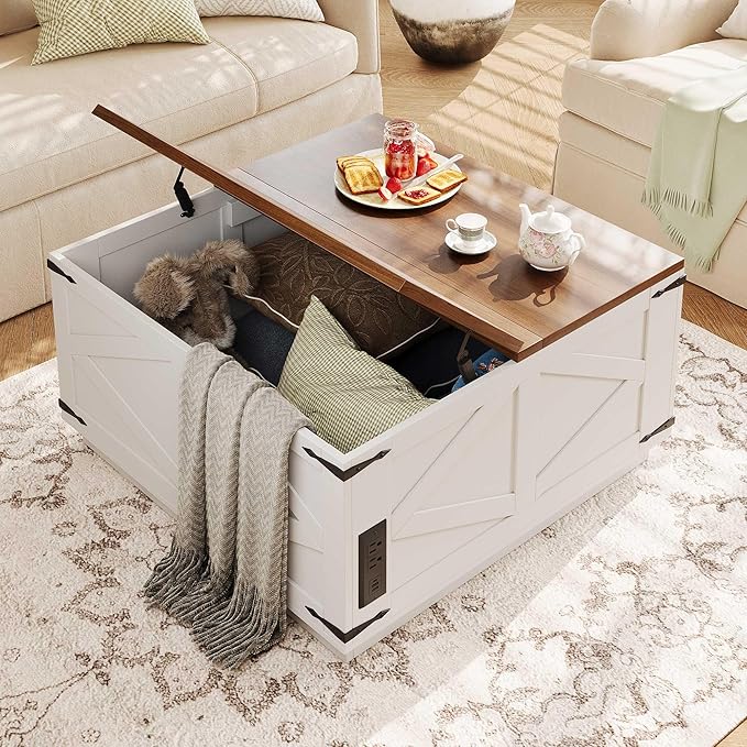 Jocoevol Farmhouse Lift Top Coffee Table, Square Wood Center Table with LED Lighting, USB-C Charging Station, and Hidden Storage Compartment - Rustic White & Oak Living Room Furniture