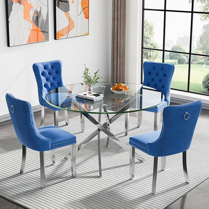 SSLine 47.2" Round Glass Dining Table for 4-6 Modern Circle Glass Tabletop Kitchen Table for 6 Luxury Dining Room Tables with Silver Nest-Shape Metal Base for Home Kitchen Dining Room