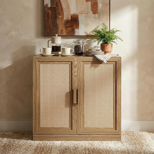 Casaphoria Adam Sideboard Buffet Cabinet with Storage, Sideboard Cabinet with Rattan Doors & Adjustable Shelves, 31" W x 31" H Coffee Bar for Entryway Kitchen Living Room, Oak