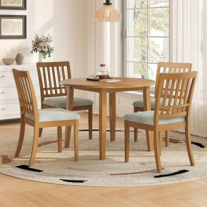 5-Piece Drop Leaf Round Dining Table Set for 4, Farmhouse Kitchen Table Set with Extendable Round Table and 4 Upholstered Chairs. Wood Table and Chairs Set for Dining Room, Living Room, Light Brown