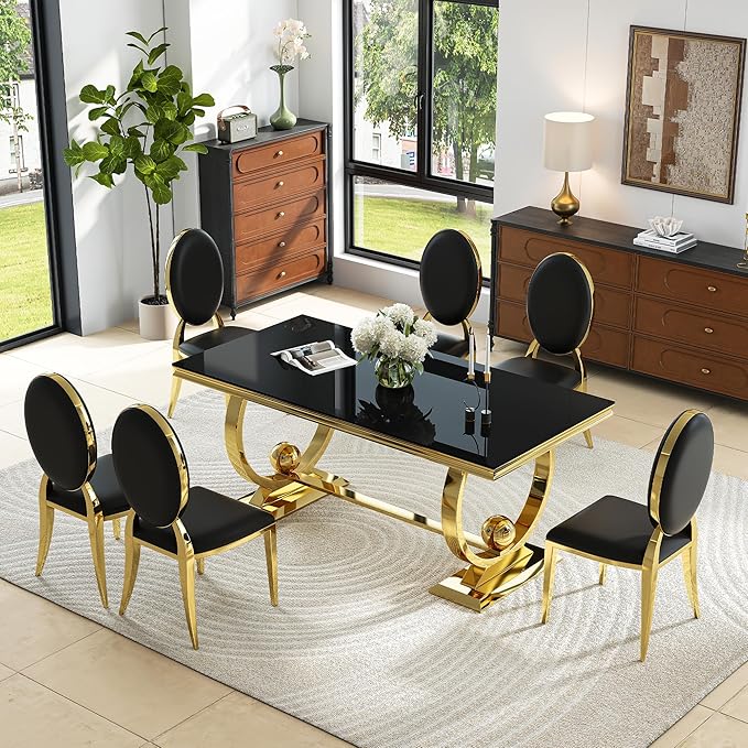 7-Piece Modern Luxury Dining Table Set, 70" Black Tempered Glass Kitchen Table with Gold Polished Stainless Steel U-Shaped Pedestal Base and 6 Black PU Leather Chairs, for Dining Room and Kitchen