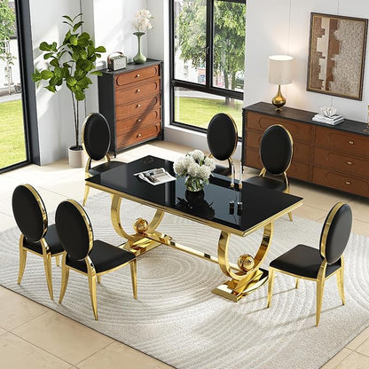 7-Piece Modern Luxury Dining Table Set, 70" Black Tempered Glass Kitchen Table with Gold Polished Stainless Steel U-Shaped Pedestal Base and 6 Black PU Leather Chairs, for Dining Room and Kitchen