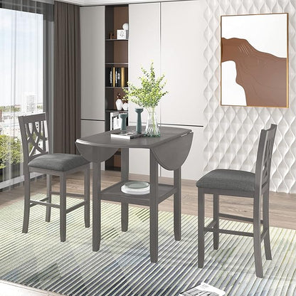 Modern Rustic 3 Piece Round Counter Height Dining Table Set with with Drop Leaf Table,Bottom Shelf and 2 Padded Chairs,Wooden Kitchen Furniture for Small Places