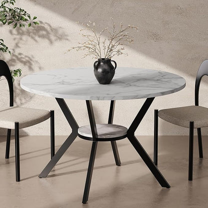 42" Round Dining Table for 2-4, Modern Kitchen Table with Faux Marble Tabletop & Metal Legs, Space Saving Circle Table with Storage, Wood Kitchen & Dining Room Tables for Kitchen Dining Room