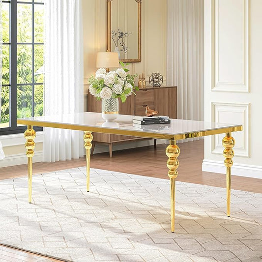 70 Inch Glass Dining Table for 6-8, Luxurious Rectangular Kitchen Table with White Tempered Glass Top, Gold Stainless Steel Legs for Dining Room, Restaurant, Living Room