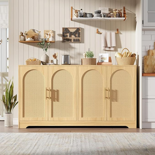 GarveeHome 59” Sideboard Buffet Cabinet - Large Credenza Storage with 4 Rattan Doors, Modern Console Table Accent Coffee Bar Cabinet for Living Room, Kitchen, Hallway, Dining Room, Entryway, Natural