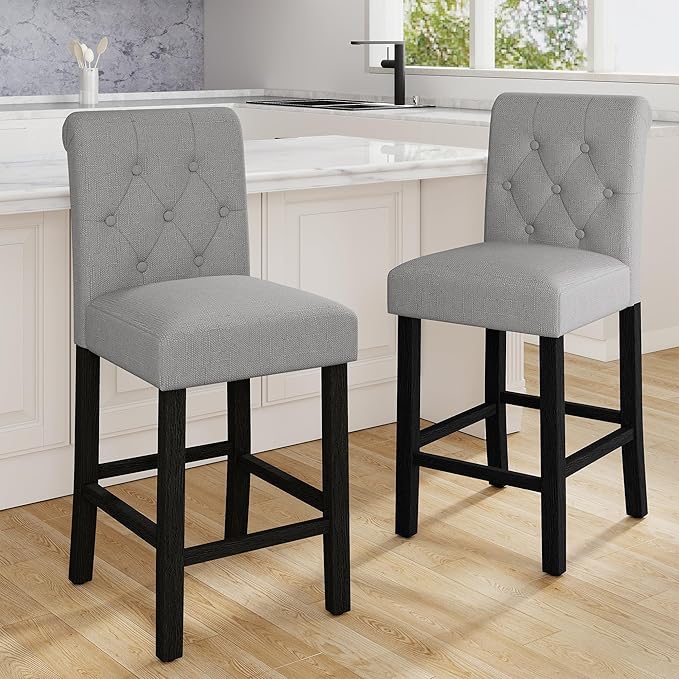 LSSBOUGHT 24 Inches Upholstered Counter Height Bar Stools, Kitchen Island Chairs,Padded Barstools with Button-Tufted Back and Solid Wood Legs Set of 4（Gray）