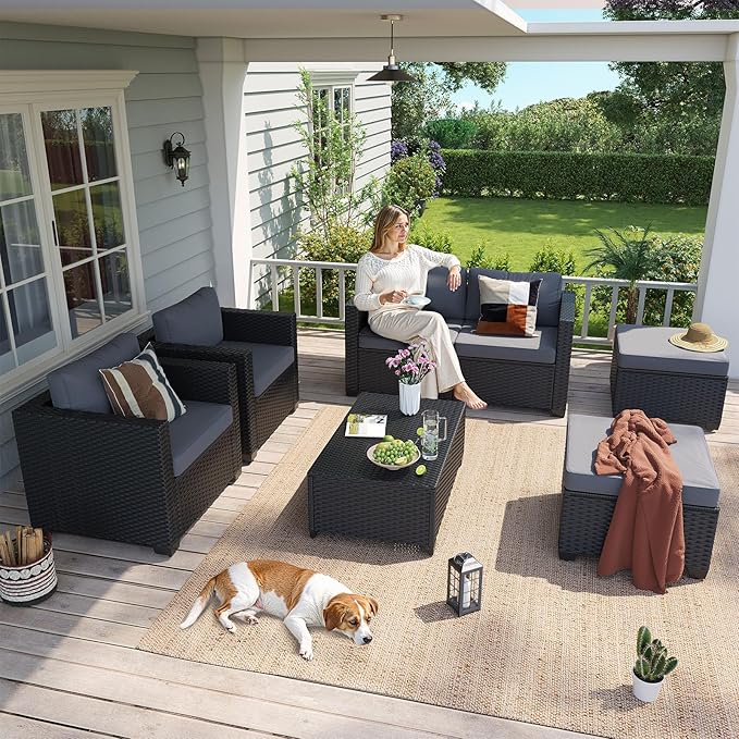 Aoxun 7 Piece Outdoor Patio Furniture Set 6 Seats, Outdoor Sectional with Thick Waterproof Cushions, Patio Conversation Sets for Garden,Backyard, Porch, Balcony, Deck, Black & Gray