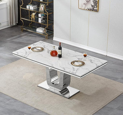 Henf 68" Modern Dining Table for 6, White Marble Kitchen Dining Room Table for 8, Large Rectangular Faux Marble Top and Silver U-Shape Steel Base, Rectangle Pedestal Table for Kitchen, Dining Room