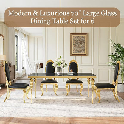 Glass Dining Table Set for 6 with 70" Rectangular Black Glass Kitchen Table, 7 Piece Dining Room Set with 6 Black Oval Back Upholstered Chairs for Living Room, Restaurant