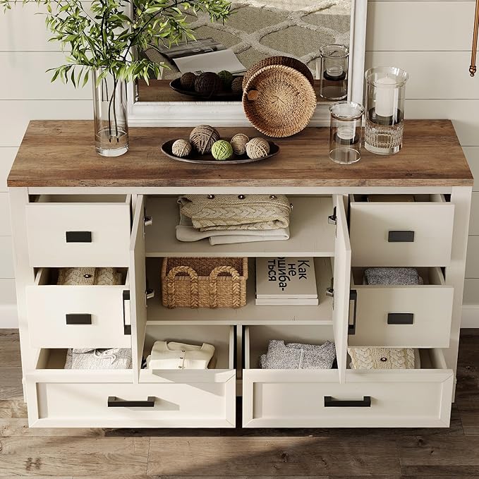 WAMPAT 54" W Large Sideboard Buffet Cabinet with Storage,Wood Farmhouse Sideboard Table with Barn Doors and Drawers for Kitchen,Dining Room,Coffee Bar,Antique White