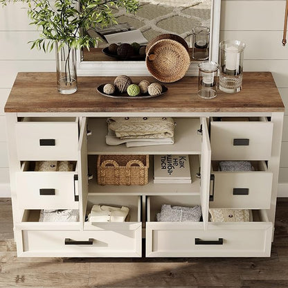 WAMPAT 54" W Large Sideboard Buffet Cabinet with Storage,Wood Farmhouse Sideboard Table with Barn Doors and Drawers for Kitchen,Dining Room,Coffee Bar,Antique White
