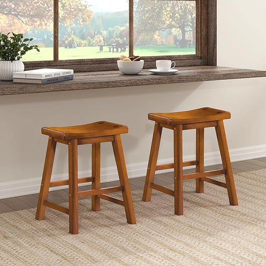 Lexicon Finnian Saddle Solid Wood Stool Set of 2 - Saddle Kitchen Stool Dining Height Stools for Dining, Armless Counter Chair Seating, Perfect Casual - 17.5" SH Oak