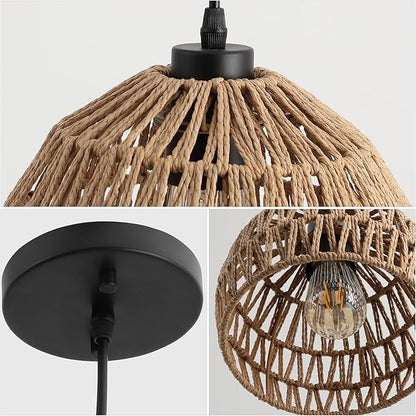 JONATHAN Y 8.25" Brown Modern Bohemian Woven Rope LED Pendant Light Fixture, Adjustable Dome Ceiling Lamp for Kitchen Island, Rope Shade, Coastal Farmhouse Decor (JYL6512E)