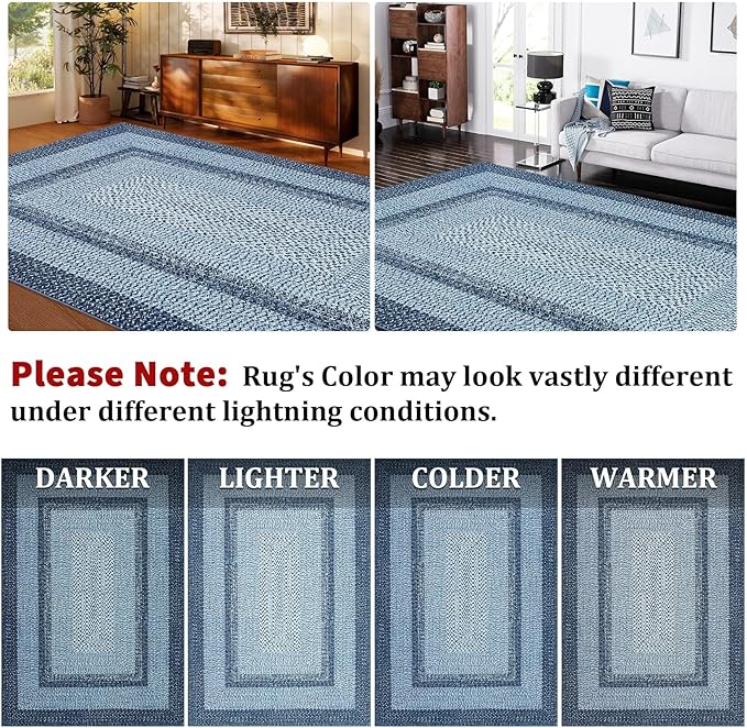 Printed Washable Area Rugs 10x13 Rug Modern Rugs for Bedroom Blue Rug Imitation Braided Soft Large Area Rug Non Slip Throw Rugs Stain Resistant Carpet for Nursery Dining Room 10'x13' Navy Blue