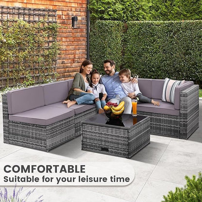 KROFEM 8-Piece Patio Furniture Set, Outdoor Wicker Rattan Sectional with Thick Cushions, Glass Top Table with Hidden Storage, Outdoor Conversation Set for Backyard, Porch, Patio, Light Grey