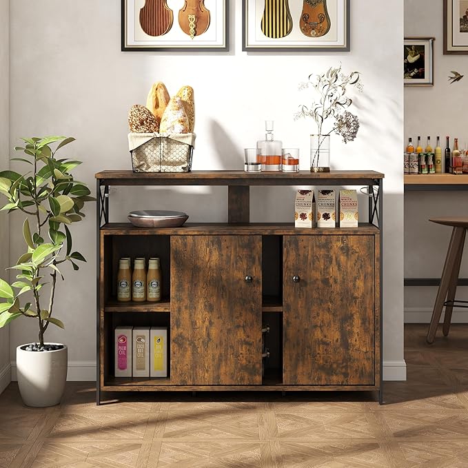 MWOOD Buffet Sideboard Cabinet with Storage, Farmhouse Sideboard Kitchen Buffet TV Console with Sliding Door and Open Shelves for Living Room Entryway, Rustic Brown, 39.4" W x 13" D x 31.5" H