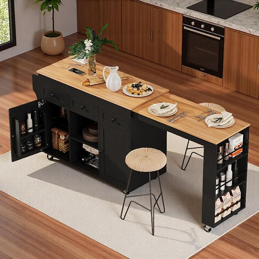 85.5" Kitchen Island with Extendable Dining Table, Rolling Kitchen Island with 3 Side Open Shelves, Power Outlet, Kitchen Storage Table with 3 Drawers, 2 Doors, for Kitchen, Dining Room, Black