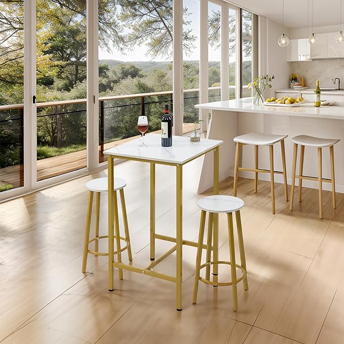 Finnhomy Bar Table Set, 23.6" Pub Table High Top Table, Square Bar Height Table, Bar Table with Stools, Kitchen Table Set for 2, Industrial Breakfast for Kitchen, Living Room, Gold
