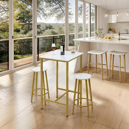 Finnhomy Bar Table Set, 23.6" Pub Table High Top Table, Square Bar Height Table, Bar Table with Stools, Kitchen Table Set for 2, Industrial Breakfast for Kitchen, Living Room, Gold