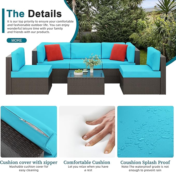 Shintenchi 6 Pieces Patio Furniture Sets Outdoor All-Weather Sectional Patio Sofa Set PE Rattan Manual Weaving Wicker Patio Conversation Set with Glass Table&Ottoman Cushion and Red Pillows, Blue