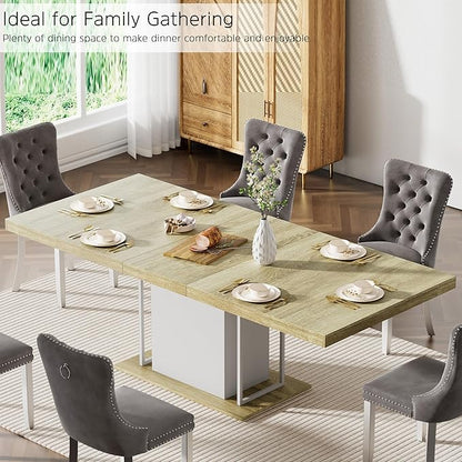 78.74" Wooden Extendable Dining Table for 8-10 People, Modern Farmhouse Expandable Kitchen Table with White Pedestal Base, Long Large Rectangular Extendable Kitchen Dining Room Table, Light Oak