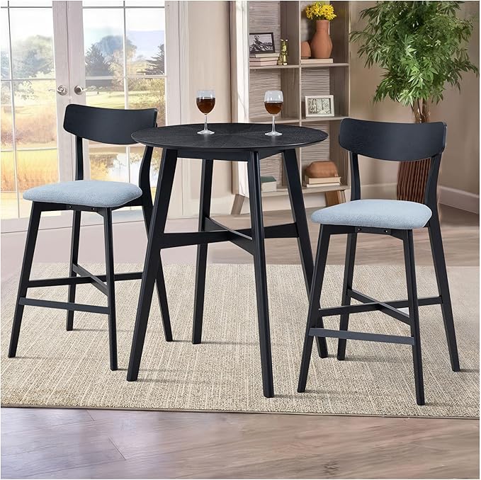 Bar Chairs Set of 2, Counter Height Stools - Modern Upholstered Kitchen Island Chairs with Backrest & Footrest - Black Wood Frame