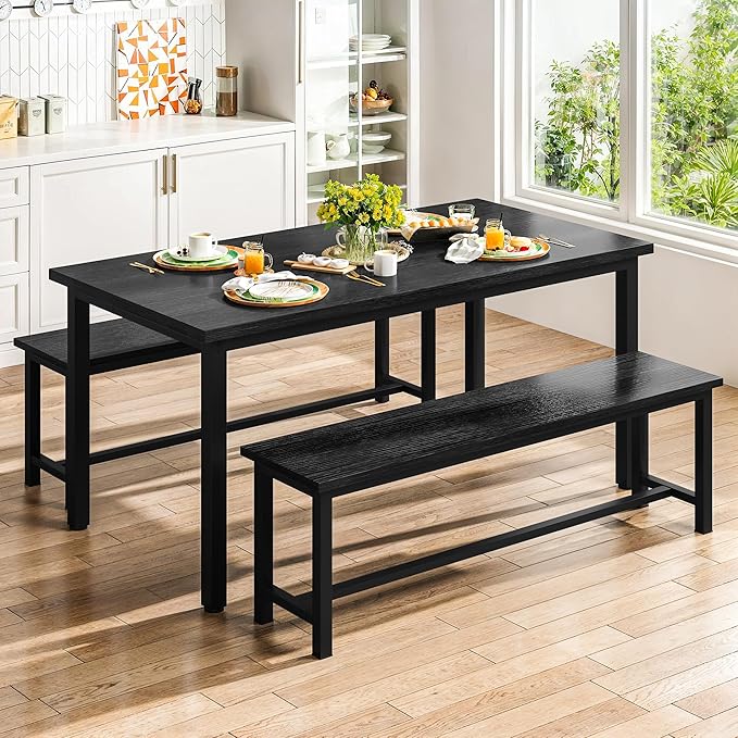 Lamerge Kitchen Table Set with 2 Benches 4 Person Dining Room Table Set for Home Kitchen, Dining Room, Restaurant, Space Saving, Black, 43.3''L x23.6''W x28.5''H (43B)