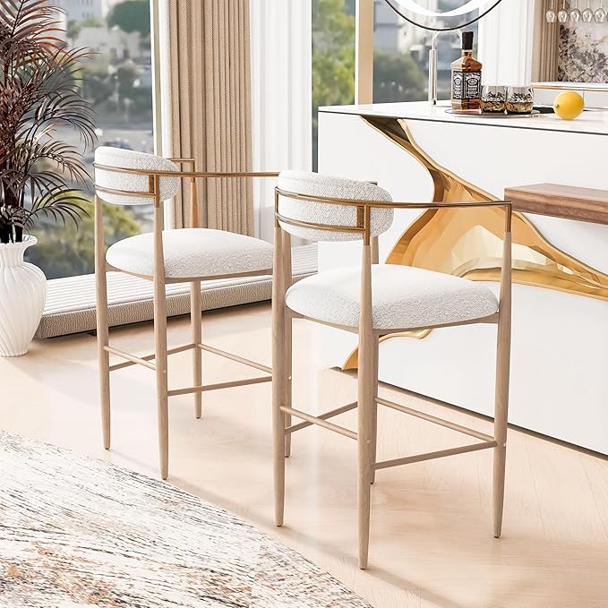 Bar stools Set of 2, Upholstered Bar Stools with Back for Kitchen Island, Beige Fabric Seating Natural Wood Iron Legs 260LBS Weight Capacity