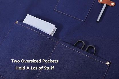 AFUN Chef Aprons for Women Men with Oversized Pockets, 12-Ounce Cotton Canvas Cross Back Water Repellent Apron (Dark Blue)