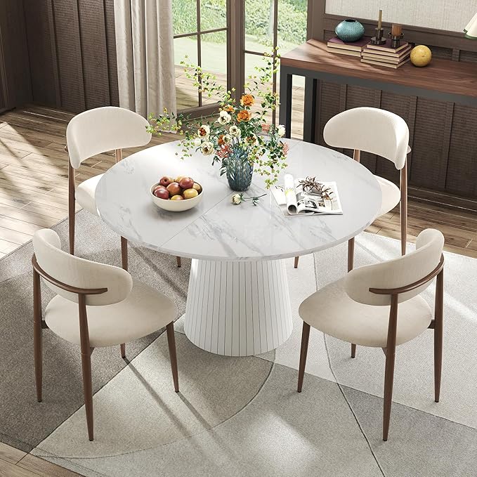 Farmhouse Round Dining Table Set for 4, 47 in Kitchen Table with MDF Tabletop & Base, Beige Fabric Upholstered Chairs with Walnut-Grain Metal Legs for Home Small Apartment (White)