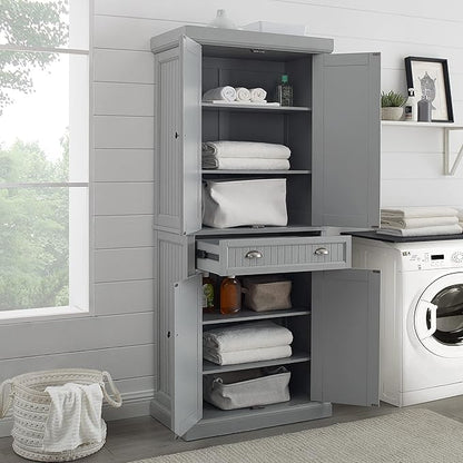 Crosley Furniture Seaside Coastal Pantry Storage Cabinet with Shelves, Kitchen, Dining, or Laundry Room, Distressed Gray