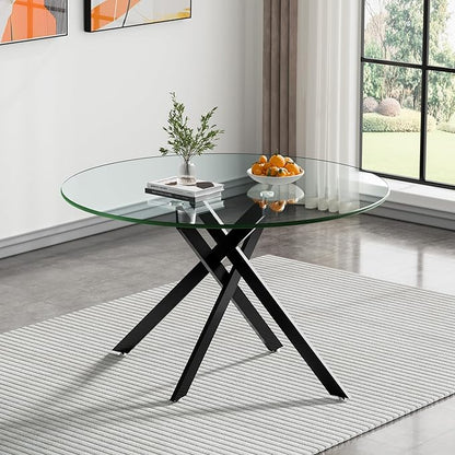 Black Glass Dining Table for 6 Modern 47.3" Round Kitchen Dining Room Table for 4-6 with X-Shape Metal Base Large Clear Glass Top Dining Tables for Home Kitchen