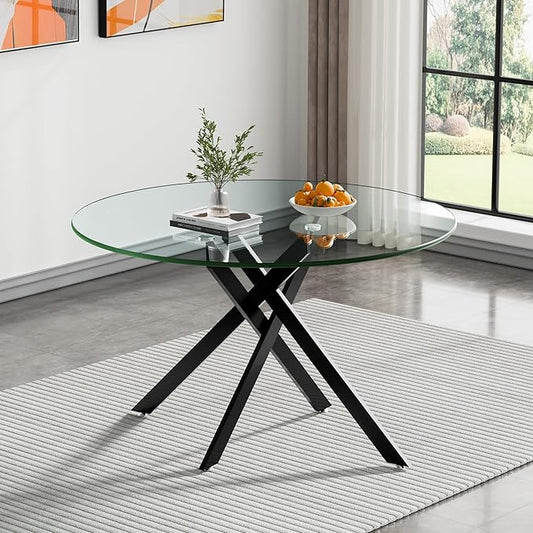 Black Glass Dining Table for 6 Modern 47.3" Round Kitchen Dining Room Table for 4-6 with X-Shape Metal Base Large Clear Glass Top Dining Tables for Home Kitchen