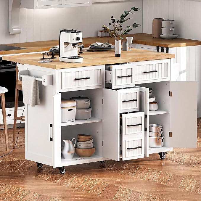 Ball & Cast 56.5" Large Kitchen Island with Drop Leaf and Power Outlet,Embossed Vertical Stripe Rolling Kitchen Cart on Wheels W/Adjustable Shelves,4 Doors & 5 Deep Drawers,for Dining Room,White