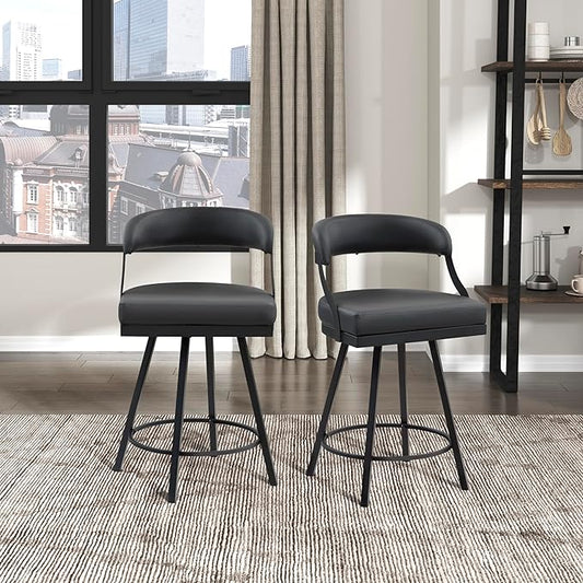 Lexicon Swivel Counter Height Stools Set of 2 - Counter Height Stools for Kitchen Island, Padded Seat, Open Back, Sturdy Black Metal Frame Finish and Faux Leather Cushion Seat, Sturdy Black