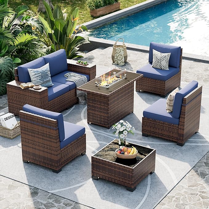 UDPATIO Patio Furniture Set with Fire Pit Table, 8 Inch Armrest 7 Piece Outdoor Sectional Sofas, All-Weather Wicker Conversation for Garden, Backyard, Brown/Navy Blue