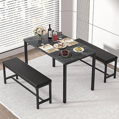 VECELO 3-Piece 63" Extendable Kitchen Table with Benches/Chairs, Modern Breakfast Dinette/Dining Room Set for 4/6/2, Small Space Saving Design, Easy Assembly