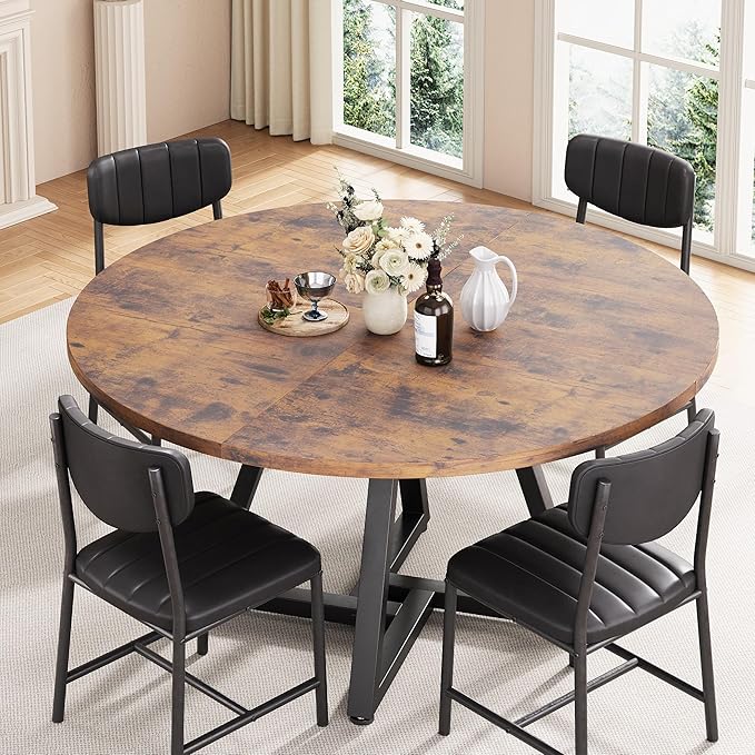 Jocoevol 51“ Round Kitchen Dining Room Table for 6-8, Circle Dining Dinner Table with Pedestal Metal Frame, Space Saving Wood Industrial Furniture for Small Space (Rustic Brown, 51In)