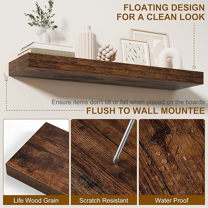 Fun Memories 72Inch Floating Shelves,Wall Mounted Rustic Wood Floating Shelf with Invisible Brackets for Storage & Decor,2 Pack Shelves for Bathroom,Bedroom and Kitchen,Brown