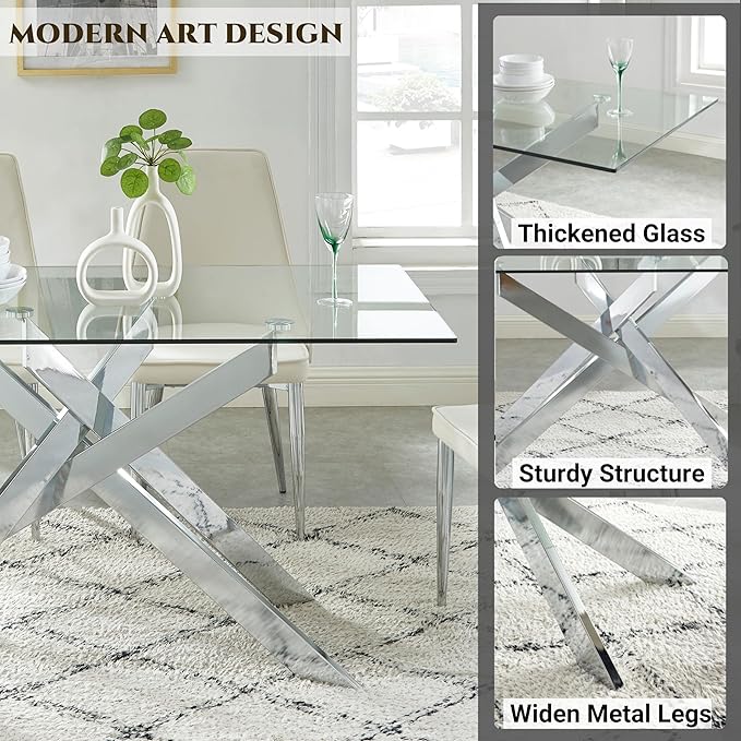 Edwin's Choice 58.5” Rectangle Glass Dining Table, Tempered Glass Tabletop and Metal Tubular Legs, Modern Style Table for Home, Kitchen, Dining Room 58.5”Lx29”Wx30”H, Silver (Table Only)