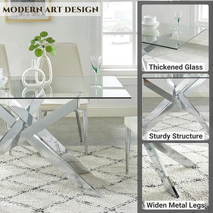 Edwin's Choice 58.5” Rectangle Glass Dining Table, Tempered Glass Tabletop and Metal Tubular Legs, Modern Style Table for Home, Kitchen, Dining Room 58.5”Lx29”Wx30”H, Silver (Table Only)
