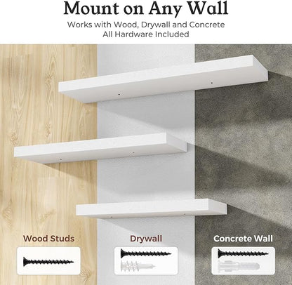 Floating Shelves for Wall, 9.3" Deep Wall Mounted Wood Shelves for Bathroom, Bedroom (White, 48)
