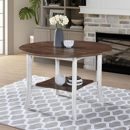 46" Sturdy Rustic Dark Wood Island Table, Rustic Dining Table with Modern Farmhouse Style, Farmhouse Dining Table with Storage Shelf for Small Gatherings, Antique Dark Oak,Antique White